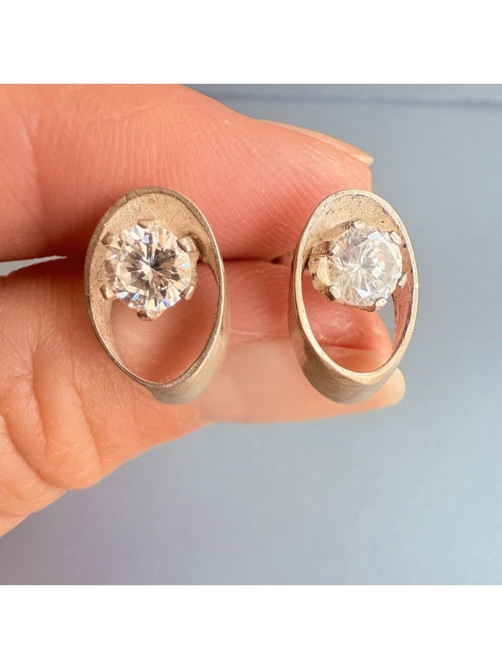 Modernist Cubic Zirconia Solitaire Open Oval Stud Sterling Silver Earrings MCM